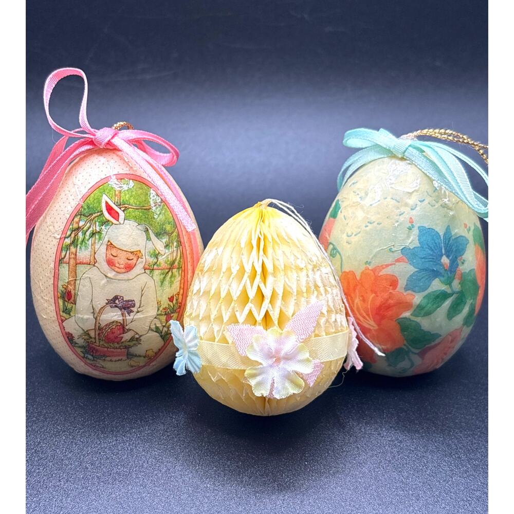Mary Engelbreit Paper Maché Easter Eggs/Hanging Ornaments w/ Retro Honeycomb Egg